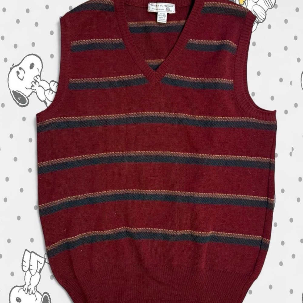 Men's Vintage Maroon Striped Sweater Vest (Tricots St. Raphael)